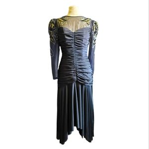 Draped 80s 90s black dress holiday dress
